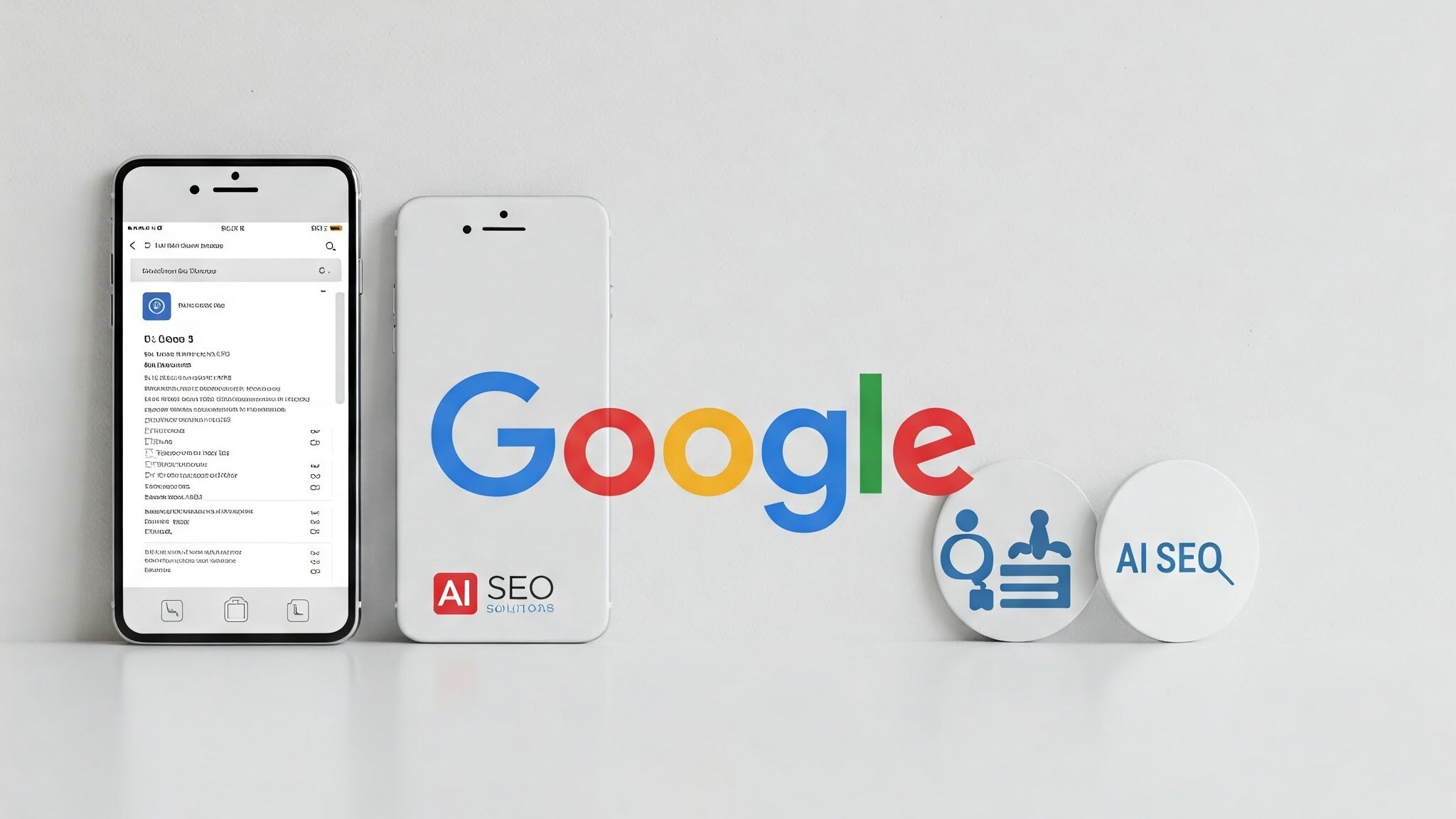 Ai SEO Solutions Logo Google logo Phone icon on white wall