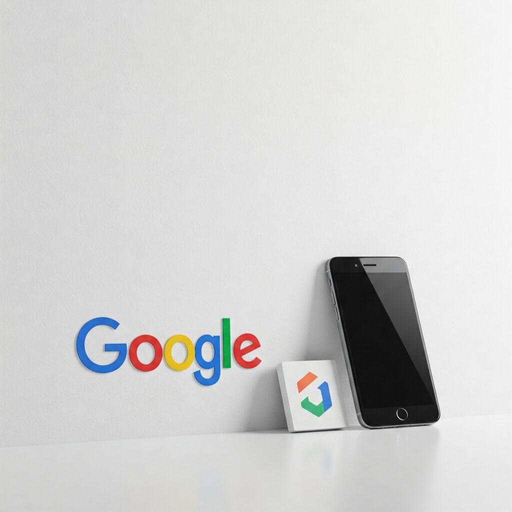 Google logo embossed on wall and moble phone standing in support of white wall