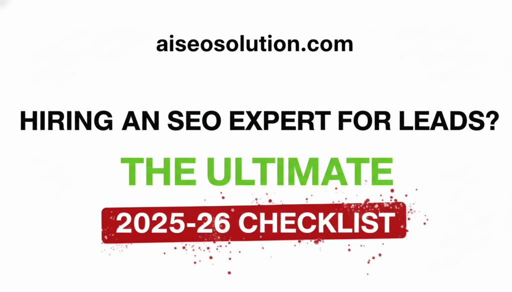 A thumbnail image with a white background. At the top, "aiseosolution.com" is written in black. Below that, centered, are the words "HIRING AN SEO EXPERT FOR LEADS?" in black, followed by "THE ULTIMATE" in green. A red banner with a distressed texture at the bottom contains the text "2025-26 CHECKLIST" in white.