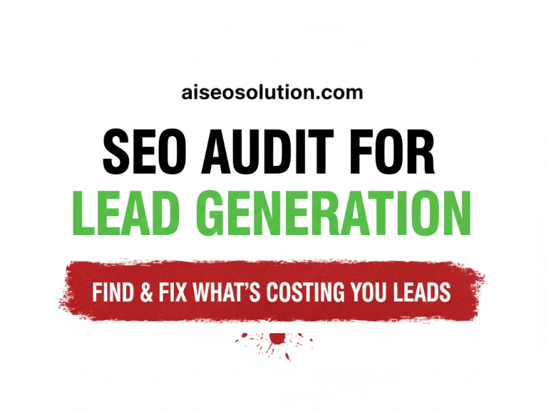 Thumbnail for aiseosolution.com with the text 'SEO Audit for Lead Generation' in black and green, and 'Find & Fix What's Costing You Leads' in white text on a red distressed background.