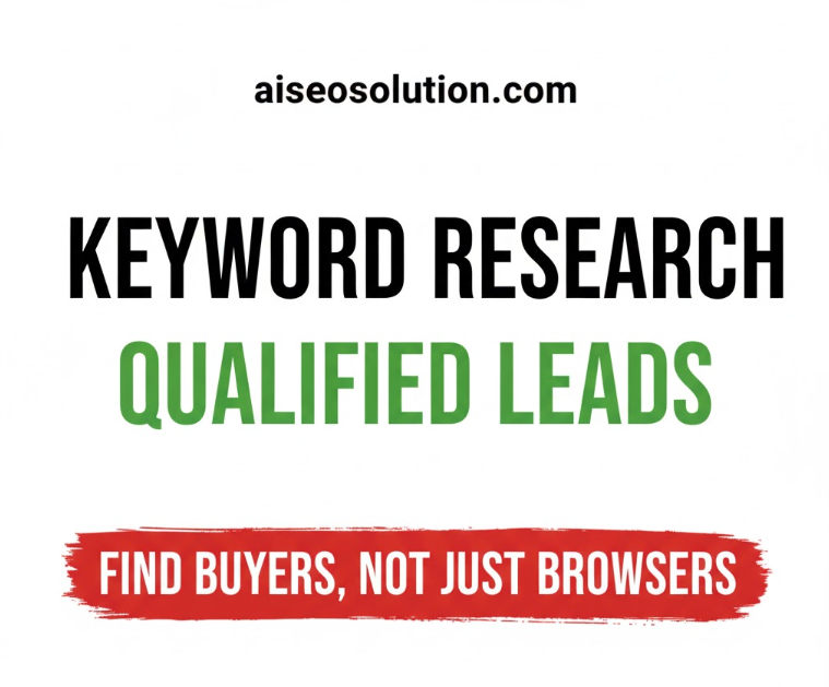 Thumbnail for an SEO article titled 'Keyword Research Qualified Leads' with the subtitle 'Find Buyers, Not Just Browsers,' and 'aiseosolution.com' at the top, on a white background.