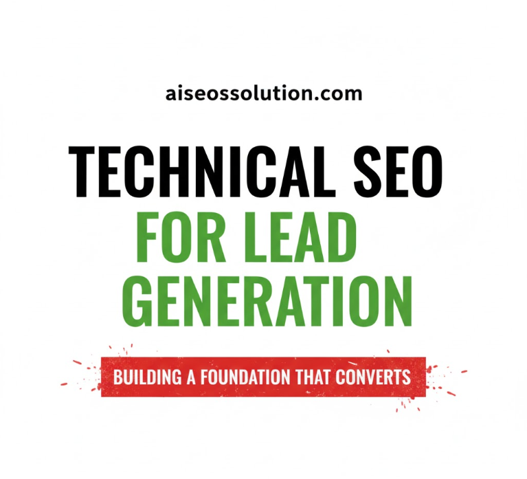A clean, minimalist image for a blog post thumbnail. The text "aiseosolution.com" is at the top center in black. Below it, in large black letters, is "TECHNICAL SEO". Underneath that, in large green letters, is "FOR LEAD GENERATION". At the bottom, in a red rectangular box with subtle red splatters, is "BUILDING A FOUNDATION THAT CONVERTS" in white capital letters. The background is solid white.
