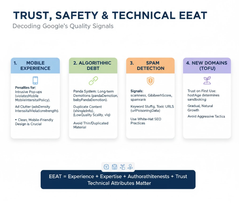 A four-panel infographic titled "Trust, Safety & Technical EEAT: Decoding Google's Quality Signals." Panel 1 (light blue, with a mobile phone icon): "1. Mobile Experience." Text: "Penalties for: Intrusive Pop-ups (violatesMobileInterstitialPolicy). Ad Clutter (adsDensityInterstitialViolationStrength). Clean, Mobile-Friendly Design is Crucial." Panel 2 (light green, with a chain link icon): "2. Algorithmic Debt." Text: "Panda System: Long-term Demotions (pandaDemotion, babyPandaDemotion). Duplicate Content (shingleInfo), (lowQuality Scality, vlq). Avoid Thin/Duplicated Material." Panel 3 (light orange, with a shield exclamation mark icon): "3. Spam Detection." Text: "Signals: scamness, GibberishScore, spamrank. Keyword Stuffing, Toxic URLs (urlPoisoningData). Use White-Hat SEO Practices." Panel 4 (light purple, with a plant icon): "4. New Domains (TOFU)." Text: "Trust on First Use: hostAge determines sandboxing. Gradual, Natural Growth. Avoid Aggressive Tactics." Bottom banner (dark blue, with icons for experience, expertise, authoritativeness, and trust): "EEAT = Experience + Expertise + Authoritativeness + Trust. Technical Attributes Matter.