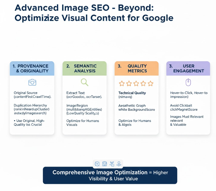 A four-panel infographic titled "Advanced Image SEO - Beyond: Optimize Visual Content for Google." Panel 1 (light blue, with a camera icon): "1. Provenance & Originality." Text: "Original Source (contentFirstCrawlTime). Duplication Hierarchy (rankInNeardupCluster) and isIndexedByImagesearch. Use Original, High-Quality Images Crucial." Panel 2 (light green, with a magnifying glass icon): "2. Semantic Analysis." Text: "Extract Text (ocrGoodoc, ocrTarser). Image Regions (multibangKgEntities). Optimize for Humans and Visuals." Panel 3 (light orange, with three star icons, one filled): "3. Quality Metrics." Text: "Technical Quality (nimavq). Aesthetic Graph White BackgroundScore. Optimize for Humans & Algorithms." Panel 4 (light purple, with a computer mouse cursor icon): "4. User Engagement." Text: "Hover-to-Click, Hover-to-Impression. Avoid Clickbait clickMagnetScore. Images Must Be Relevant & Valuable." Bottom banner (dark blue, with small icons representing image, search, and user): "Comprehensive Image Optimization = Higher Visibility & User Value.
