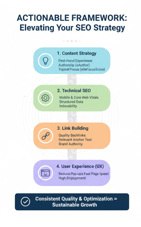 An infographic titled "Actionable Framework: Elevating Your SEO Strategy" featuring four vertically stacked, rounded rectangular panels connected by a subtle line. Panel 1 (light blue, with a lightbulb icon): "1. Content Strategy." Text: "First-Hand Experience. Authorship (isAuthor). Topical Focus (siteFocusScore)." Panel 2 (light green, with a gear icon): "2. Technical SEO." Text: "Mobile & Core Web Vitals. Structured Data. Indexability." Panel 3 (light orange, with a chain link icon): "3. Link Building." Text: "Quality Backlinks. Relevant Anchor Text. Brand Authority." Panel 4 (light purple, with a smiling face icon): "4. User Experience (UX)." Text: "Reduce Pop-ups. Fast Page Speed. High Engagement." Bottom banner (dark blue, with a checkmark in a circle icon): "Consistent Quality & Optimization = Sustainable Growth.