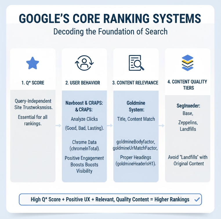 A four-panel infographic titled "Google's Core Ranking Systems: Decoding the Foundation of Search." Panel 1: "1. Q* Score" with a star icon. Text: "Query-Independent Site Trustworthiness. Essential for all rankings." Panel 2: "2. User Behavior" with an icon of two people and arrows. Text: "Navboost & CRAPS: Analyze Clicks (Good, Bad, Lasting). Chrome Data (chromeInTotal). Positive Engagement Boosts Visibility." Panel 3: "3. Content Relevance" with a document icon. Text: "Goldmine System: Title, Content Match. goldmineBodyFactor, goldmineUrlMatchFactor, Proper Headings (goldmineHeaderIsH1)." Panel 4: "4. Content Quality Tiers" with stacked papers icon. Text: "SegIndexer: Base, Zeppelins, Landfills. Avoid 'Landfills' with Original Content." Bottom banner: "High Q* Score + Positive UX + Relevant, Quality Content = Higher Rankings.