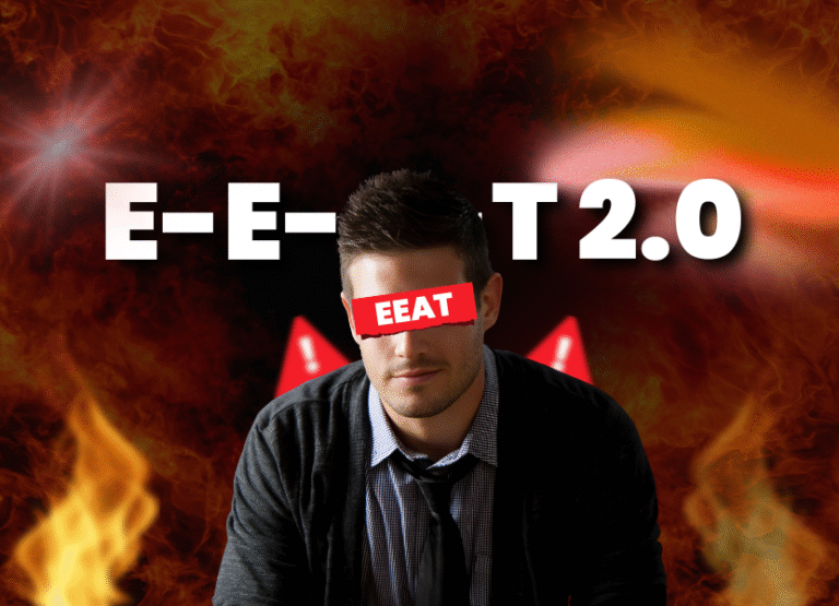 A man with E-E-A-T 2.0 text behind his head and eyes covered with text EETA with red background